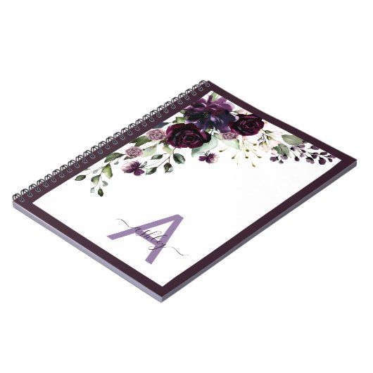 Plum Paars Floral Script Name Monogram Initiaal Notitieboek (Linkerzijde)