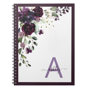 Plum Paars Floral Script Name Monogram Initiaal Notitieboek
