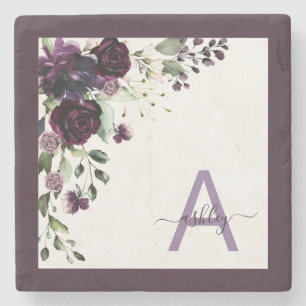 Plum Paars Floral Script Name Monogram Initiaal Stenen Onderzetter