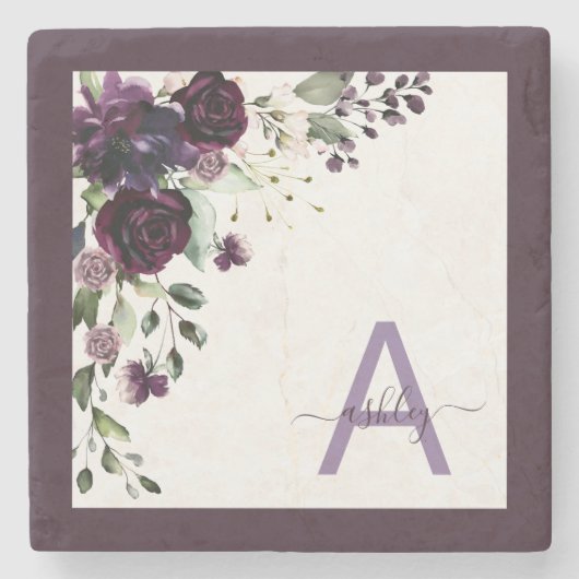 Plum Paars Floral Script Name Monogram Initiaal Stenen Onderzetter (Voorkant)