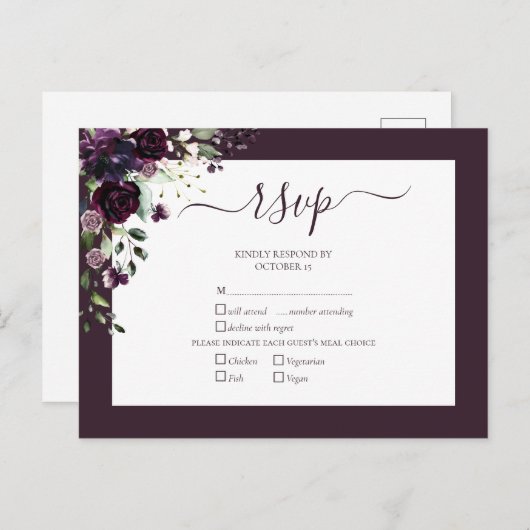 Plum Paars Floral Script Wedding RSVP Uitnodiging Briefkaart (Voorkant / Achterkant)