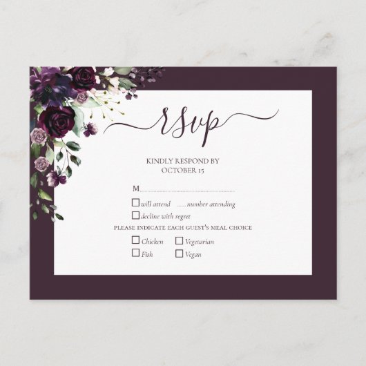 Plum Paars Floral Script Wedding RSVP Uitnodiging Briefkaart (Voorkant)