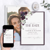 Plum Paars Floral Script Wedding Save the Date
