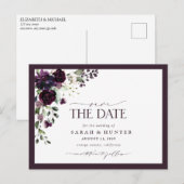 Plum Paars Floral Script Wedding Save the Date Uitnodiging Briefkaart (Voorkant / Achterkant)