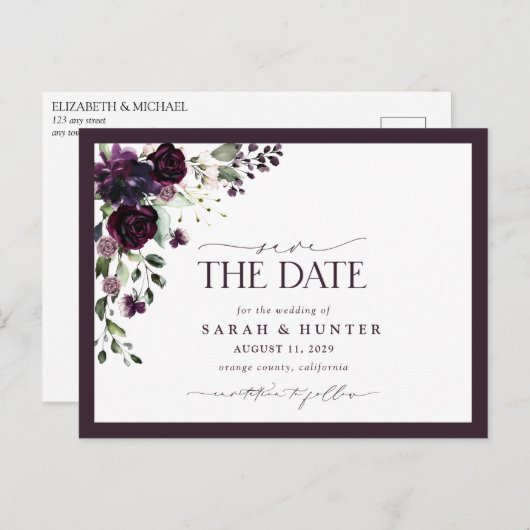 Plum Paars Floral Script Wedding Save the Date Uitnodiging Briefkaart (Voorkant / Achterkant)