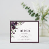 Plum Paars Floral Script Wedding Save the Date Uitnodiging Briefkaart (Staand voorkant)