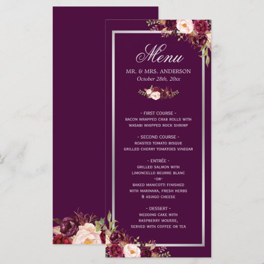 Plum Paars Floral Silver Gray Wedding Menu Kaart (Voorkant / Achterkant)