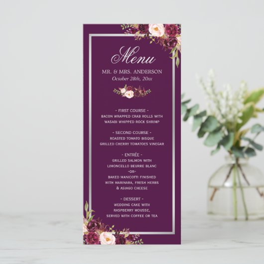 Plum Paars Floral Silver Gray Wedding Menu Kaart (Staand voorkant)