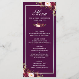Plum Paars Floral Silver Gray Wedding Menu Kaart