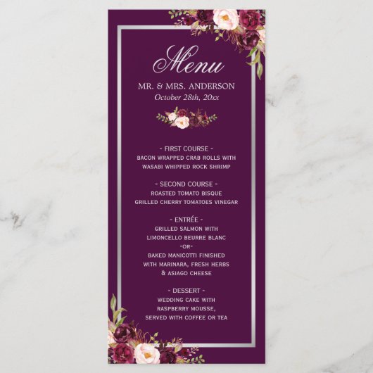 Plum Paars Floral Silver Gray Wedding Menu Kaart (Voorkant)