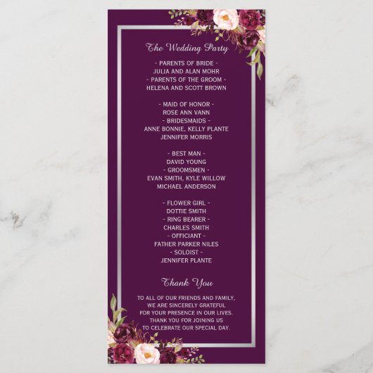 Plum Paars Floral Silver Gray Wedding Programme Programmakaart (Achterkant)