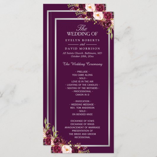 Plum Paars Floral Silver Gray Wedding Programme Programmakaart (Voorkant / Achterkant)