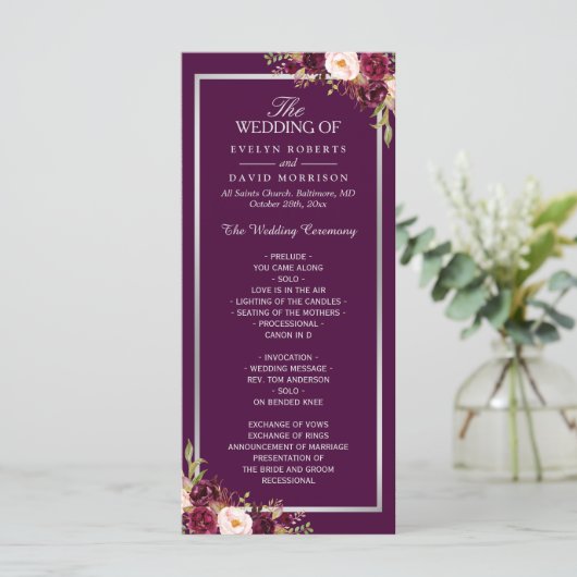 Plum Paars Floral Silver Gray Wedding Programme Programmakaart (Staand voorkant)