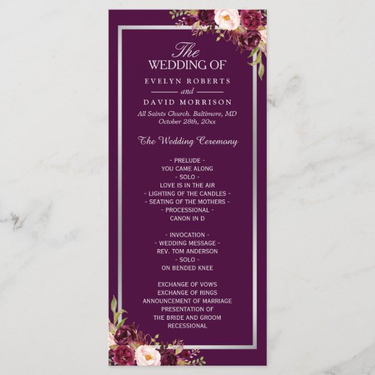 Plum Paars Floral Silver Gray Wedding Programme Programmakaart (Voorkant)