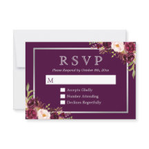 Plum Paars Floral Silver Gray Wedding RSVP