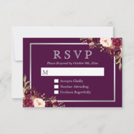 Plum Paars Floral Silver Gray Wedding RSVP
