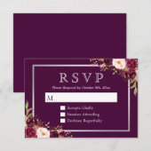 Plum Paars Floral Silver Gray Wedding RSVP (Voorkant / Achterkant)