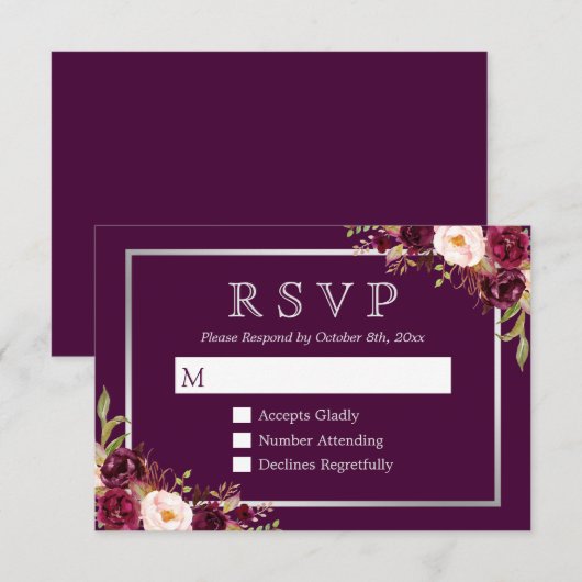 Plum Paars Floral Silver Gray Wedding RSVP (Voorkant / Achterkant)