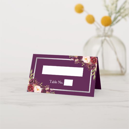 Plum Paars Floral Silver Grey Lijst Wedding Plaatskaartje (Voorkant)