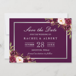 Plum Paars Floral Silver Grey Save the Date