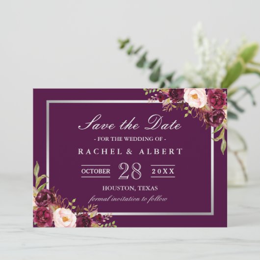 Plum Paars Floral Silver Grey Save the Date (Staand voorkant)