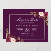 Plum Paars Floral Silver Grey Save the Date (Voorkant / Achterkant)