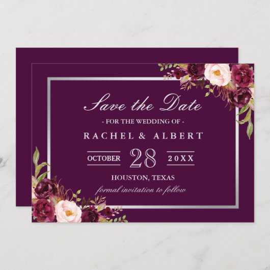 Plum Paars Floral Silver Grey Save the Date (Voorkant / Achterkant)