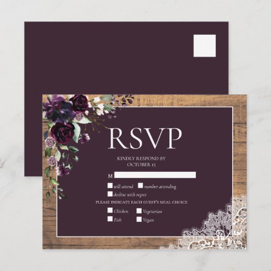 Plum Paars Floral Wood Lace Rustic Wedding RSVP Uitnodiging Briefkaart (Voorkant / Achterkant)