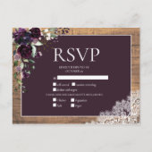 Plum Paars Floral Wood Lace Rustic Wedding RSVP Uitnodiging Briefkaart (Voorkant)