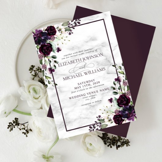 Plum Paars Flower Waterverf Marble Fall Wedding Kaart