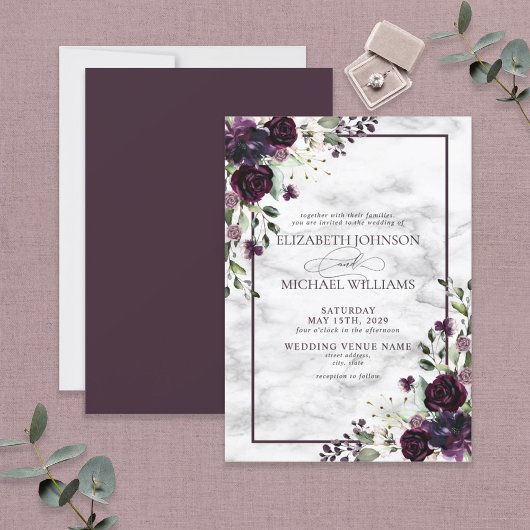 Plum Paars Flower Waterverf Marble Fall Wedding Kaart