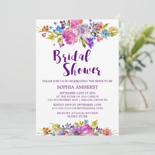 Plum Paars Garden Bridal Shower Invitation Kaart (Staand voorkant)