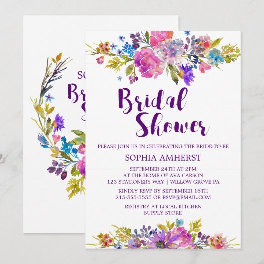 Plum Paars Garden Bridal Shower Invitation Kaart (Voorkant / Achterkant)