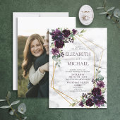 Plum Paars Geometric Marble Floral Photo Wedding Kaart