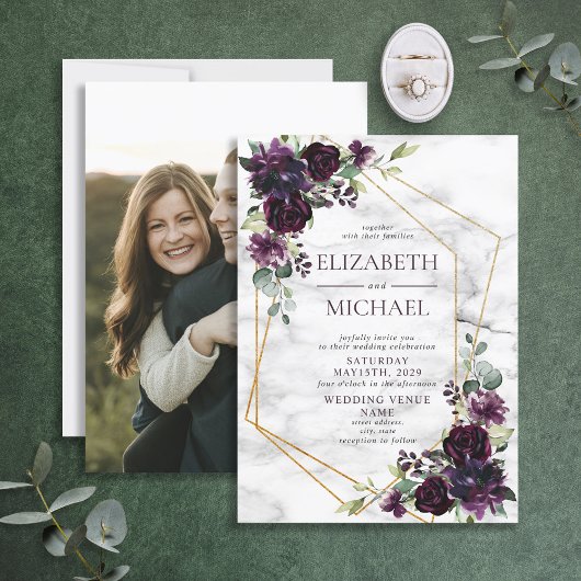 Plum Paars Geometric Marble Floral Photo Wedding Kaart