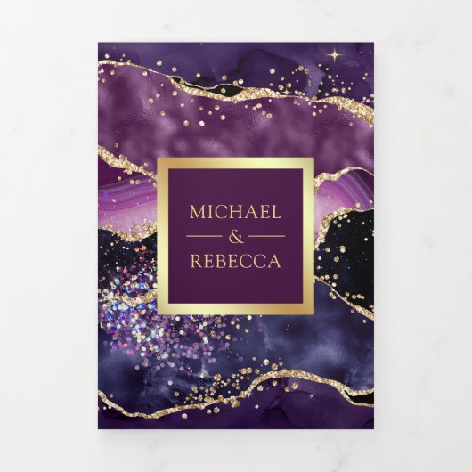 Plum Paars Gold Agate Marble QR Code Weddenschap Drieluik Uitnodiging (Cover)
