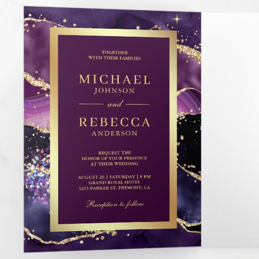 Plum Paars Gold Agate Marble QR Code Weddenschap Drieluik Uitnodiging (Binnenzijde eerst)