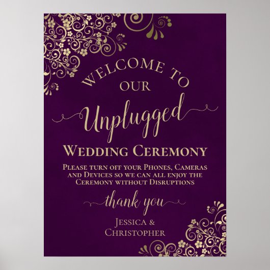 Plum Paars & Gold Chic Unplugged Wedding Ceremony Poster (Voorkant)