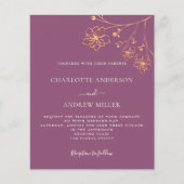 Plum paars gold floral budget huwelijksuitnodiging flyer (Voorkant)