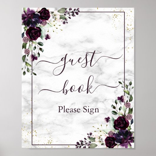 Plum Paars Gold Floral Marble Guest Book Sign. Poster (Voorkant)