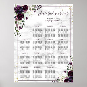 Plum Paars Gold Floral Marble Wedding Seating Seat Poster