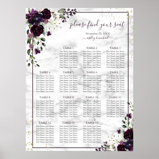Plum Paars Gold Floral Marble Wedding Seating Seat Poster (Voorkant)