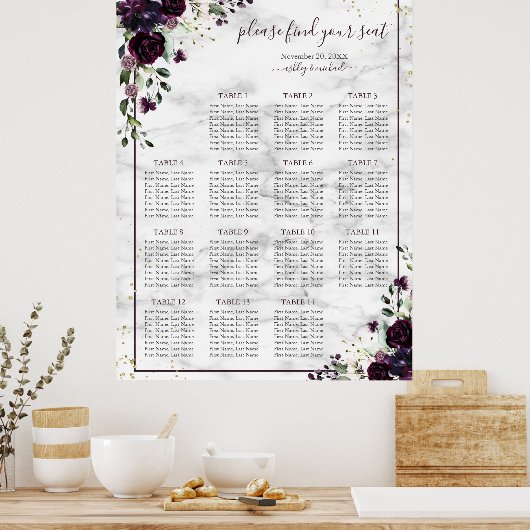 Plum Paars Gold Floral Marble Wedding Seating Seat Poster (Keuken)