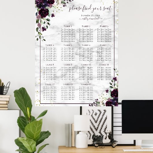 Plum Paars Gold Floral Marble Wedding Seating Seat Poster (Thuiskantoor)
