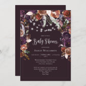 Plum, Paars, Gold Floral String Light Baby shower Kaart (Voorkant / Achterkant)