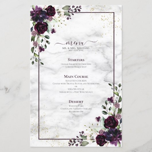 Plum Paars Gold Floral Waterverf marmer Wedding (Voorkant)