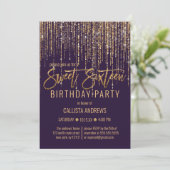 Plum Paars Gold Glitter Fringe Curtain Sweet 16 Kaart (Staand voorkant)