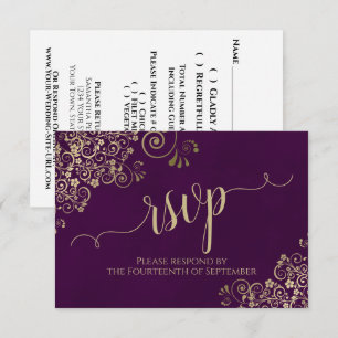 Plum Paars Gold Lace Elegant Calligraphy Wedding RSVP Kaartje