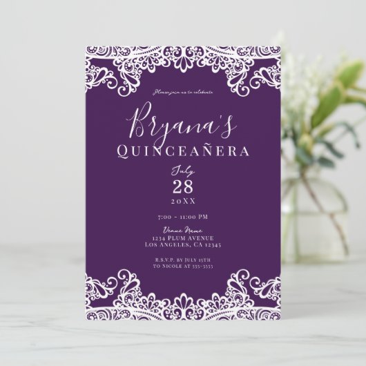 Plum Paars Gold Lace Elegant Quinceañera Party Kaart (Staand voorkant)