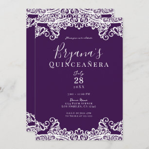 Plum Paars Gold Lace Elegant Quinceañera Party Kaart